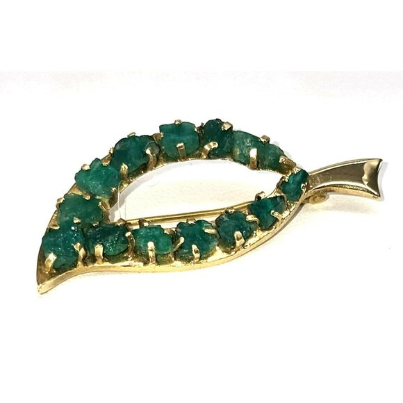Raw Emerald Brooch Pin 18k Yellow Gold Leaf Shape Vintage Artisan STUNNING LI613 - Picture 14 of 15